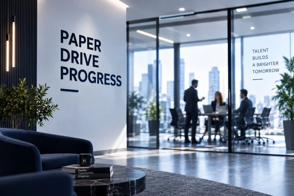 HAIDBER office lobby with a city-view meeting room and People Drive Progress on the wall