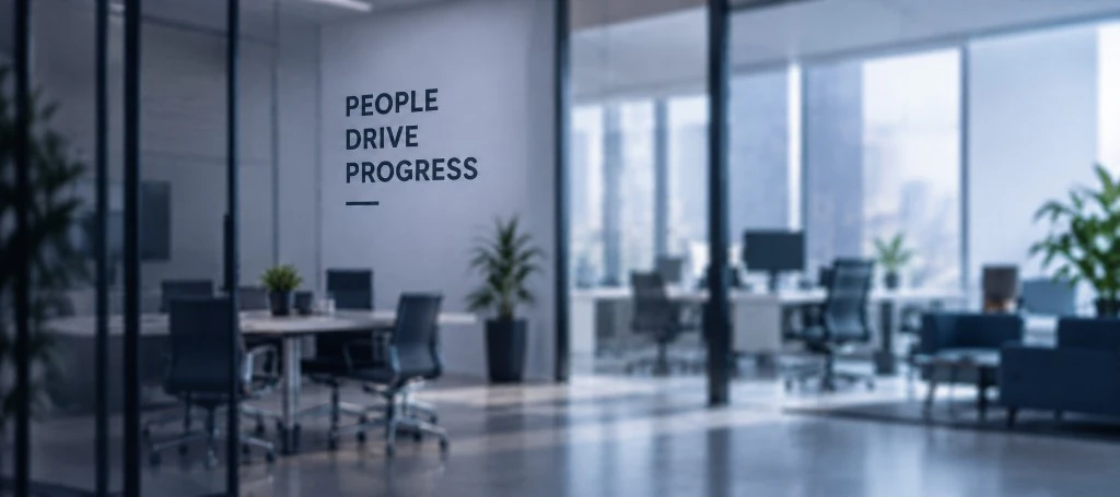 HAIDBER office interior with the words People Drive Progress on the wall